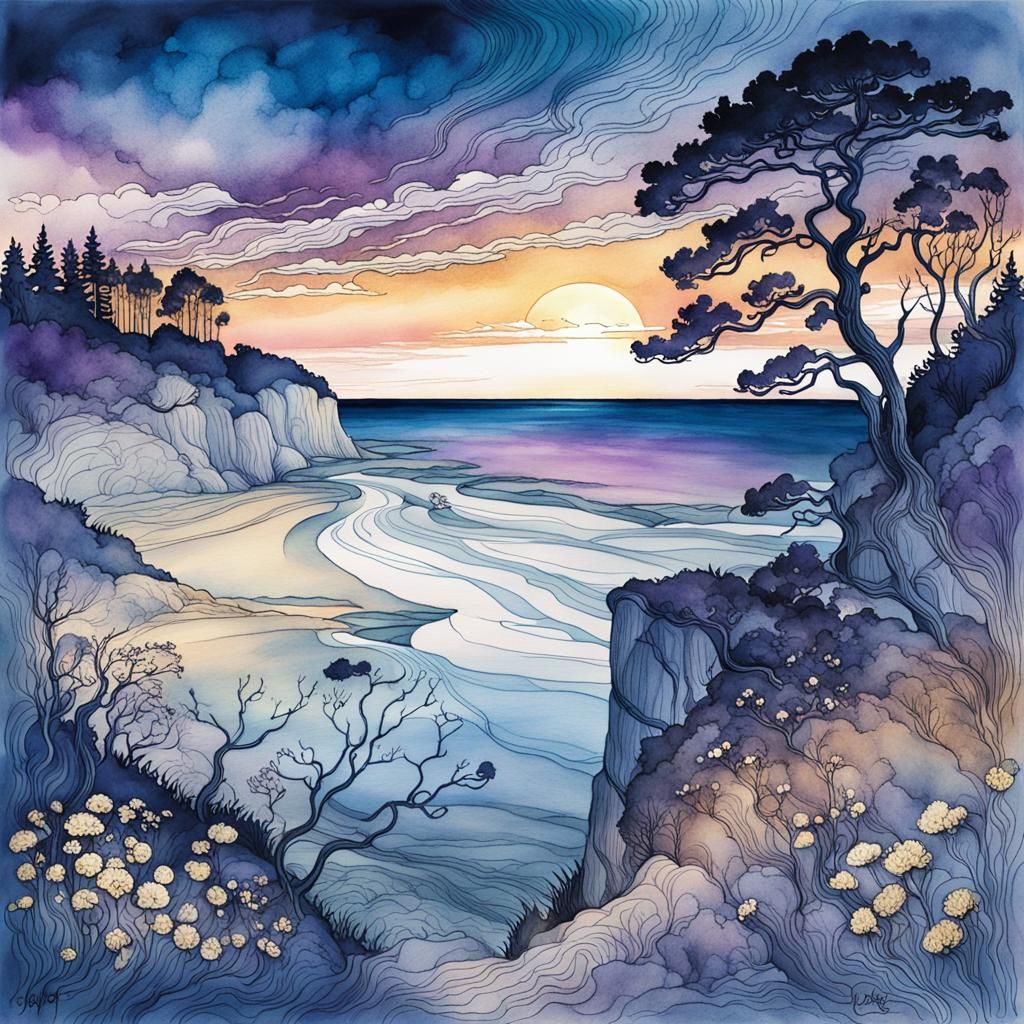 Sunset on Rügen Chalk Coast in Watercolor and Ink
