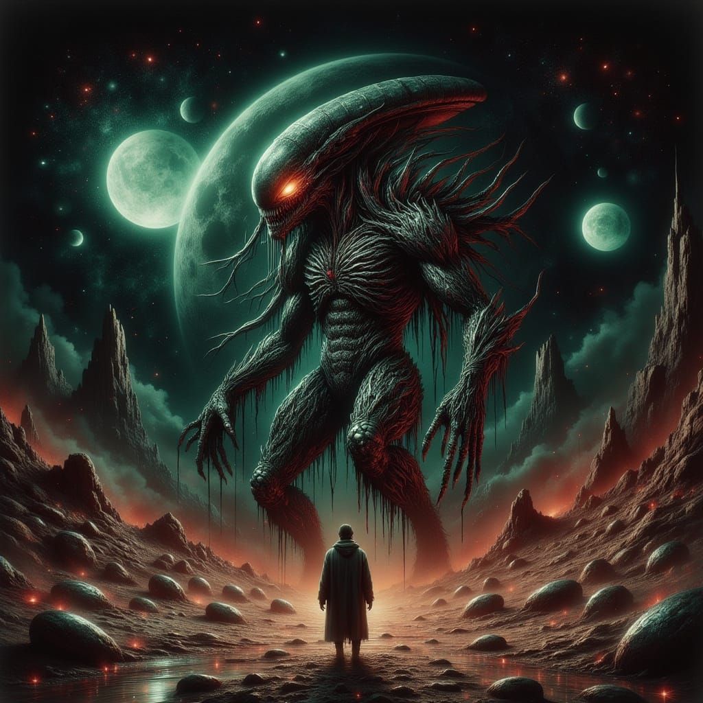 Xenomorph Guarding Eggs on Alien Planet