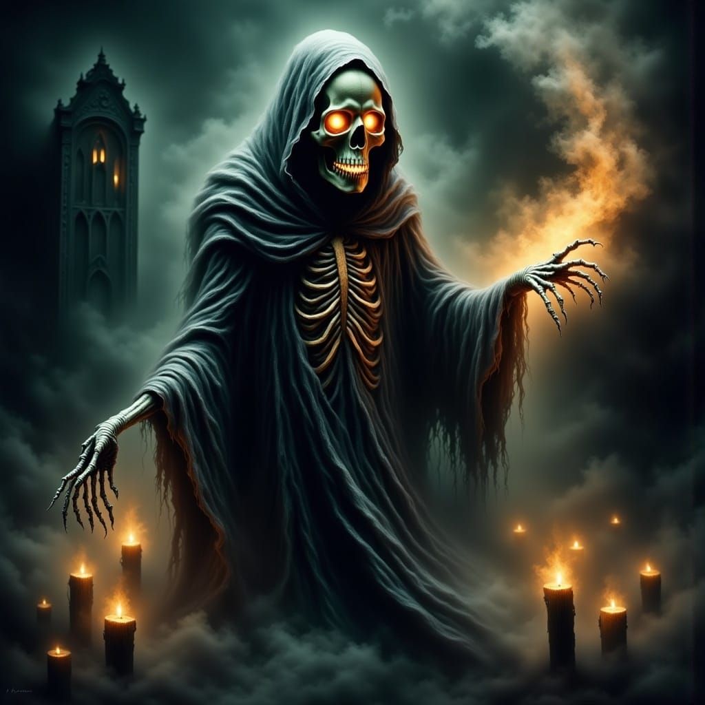 Skeleton Wizard Casting Spells in Gothic Fantasy Style