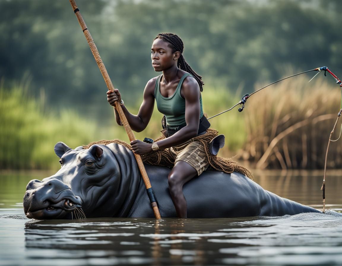 African Hunter Girl Rides Hippo: Photorealistic Image