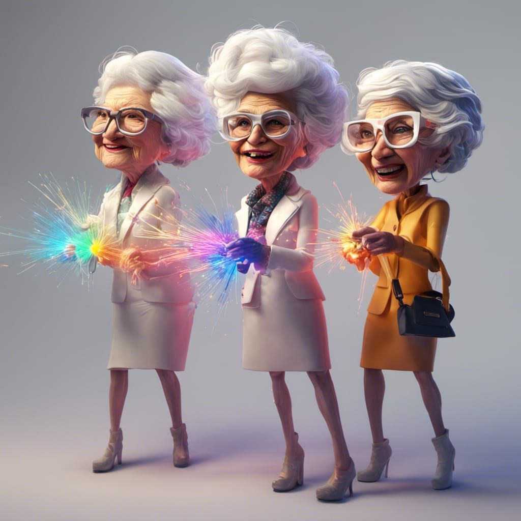 Bobblehead Grandmas Spinning Glow Sticks in 3D Art