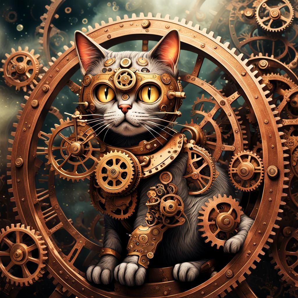 Steampunk Cat Time Traveler in Fantasy Illustration