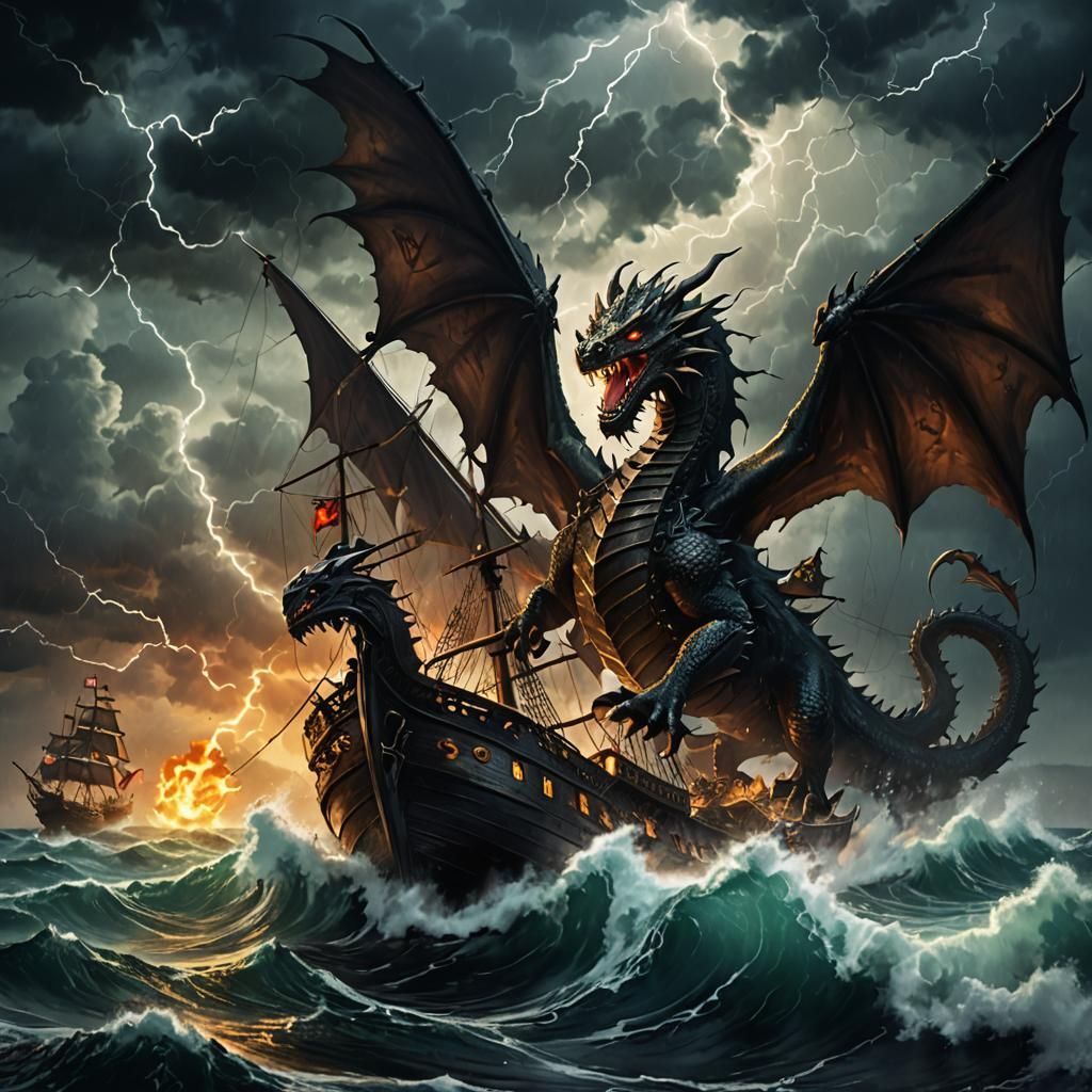 Dragon Soaring Above Stormy Sea in Gothic Art
