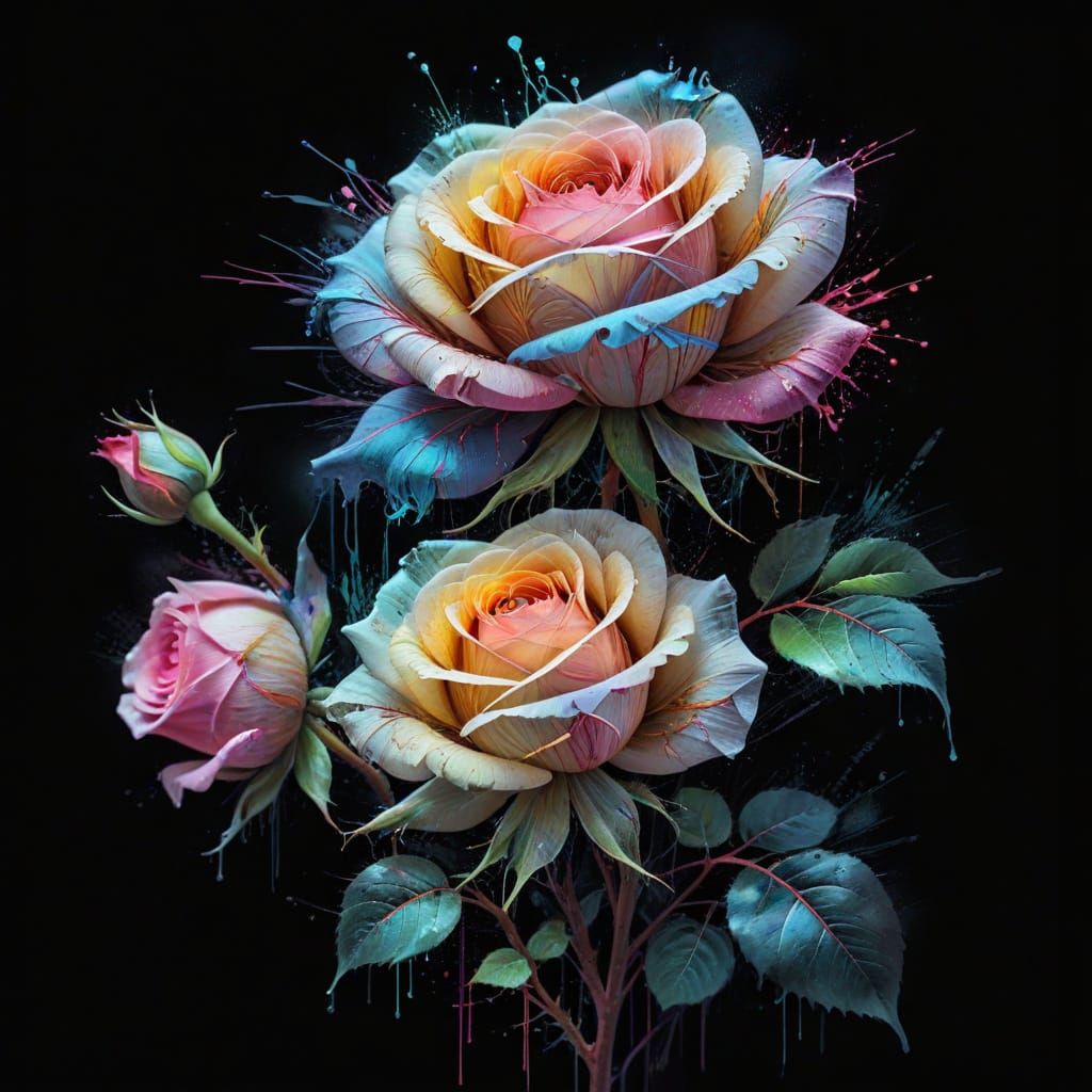 Pastel Neon Rainbow Rose on Black Background