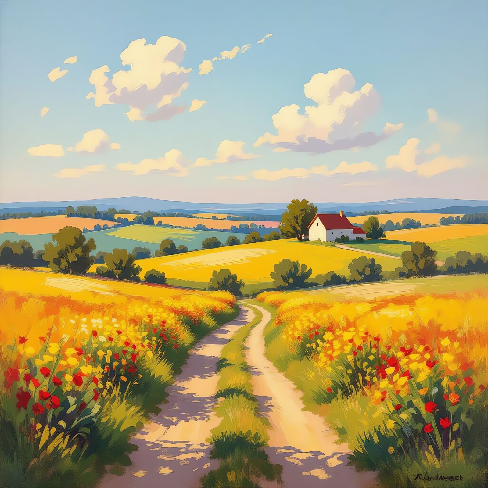 Impressionist Rural Landscape with Golden Hour Light