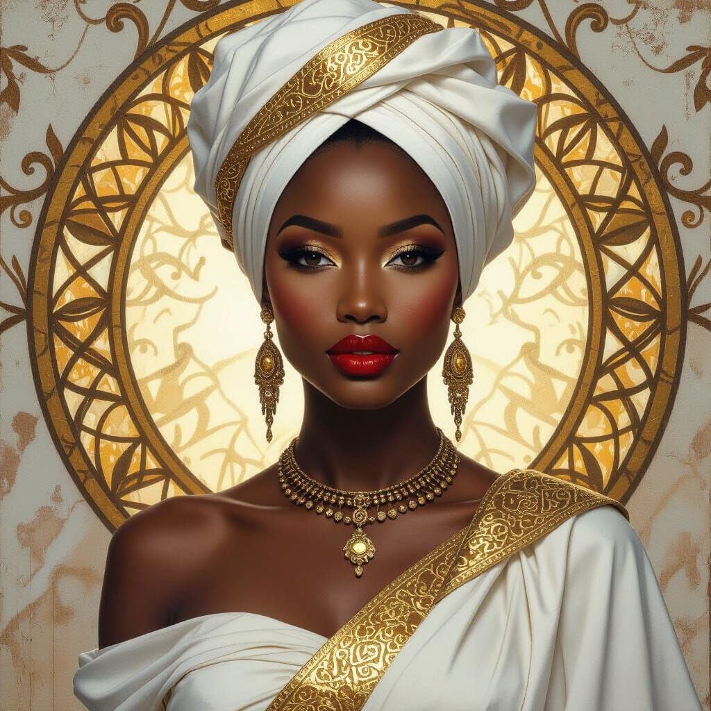 African Goddess in Ornate Dress, Hyperrealistic Oil Painting