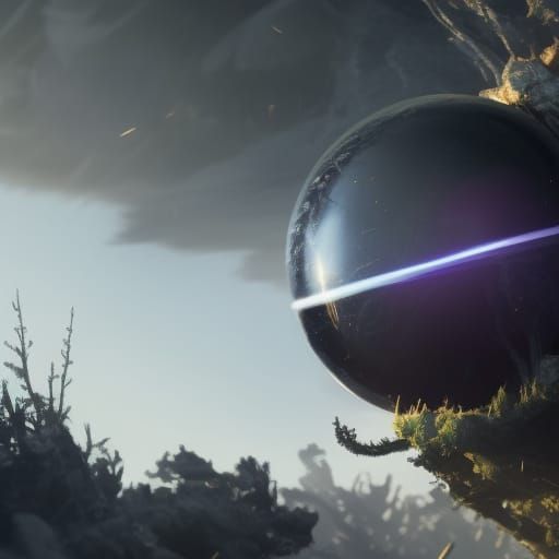 Floating Obsidian Sphere in Mysterious Landscape