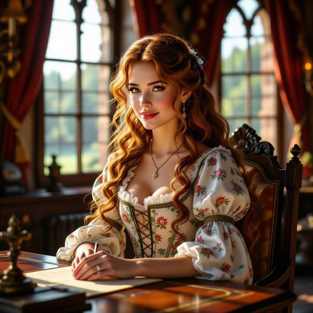 Woman in Renaissance Dress in Sunlit Castle