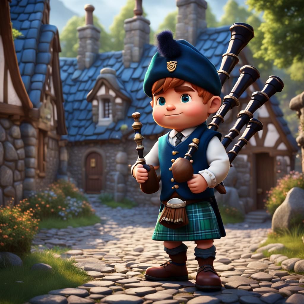 Chibi Scotsman Playing Bagpipes in Scottish Village