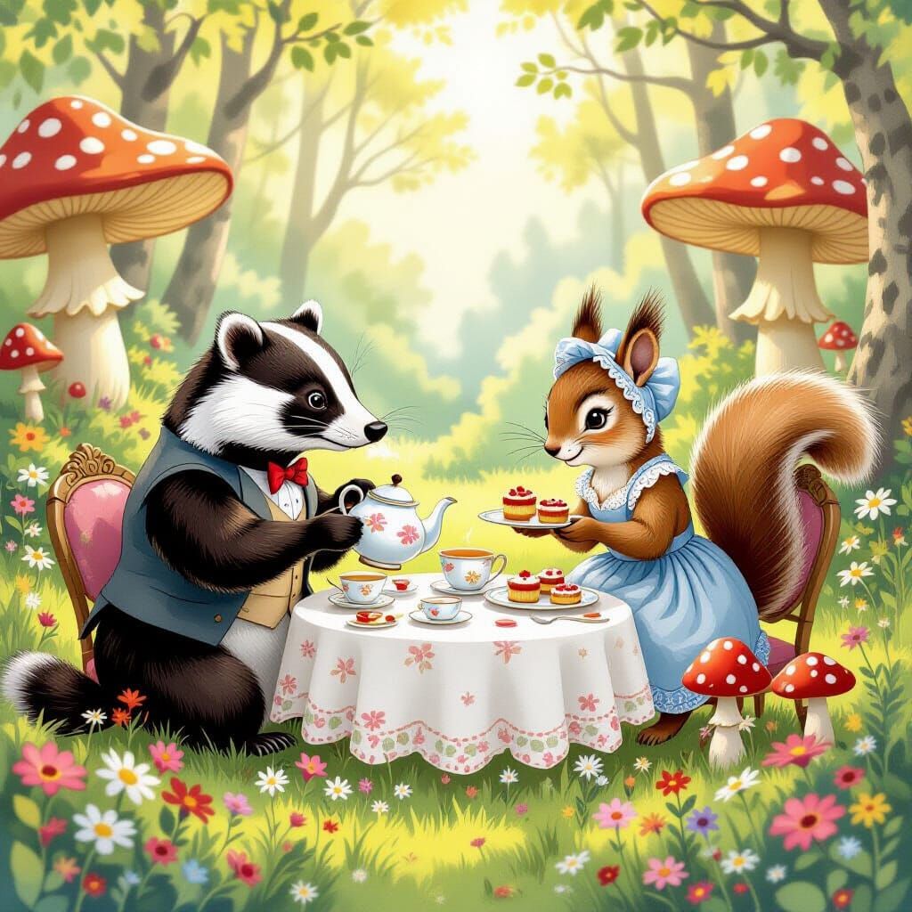 Woodland Creatures Enjoy Tea Party in Enchanted Glade