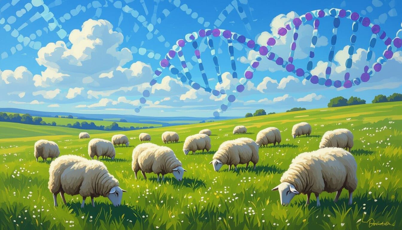 Fluffy Sheep in Meadow with Genetic Patterns