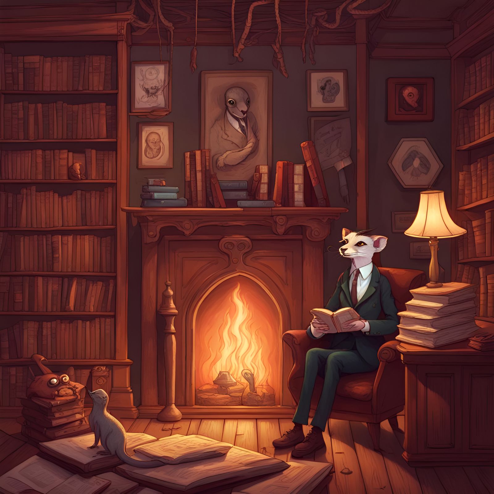 Anthropomorphic Lovecraft Weasel in Pixar Style