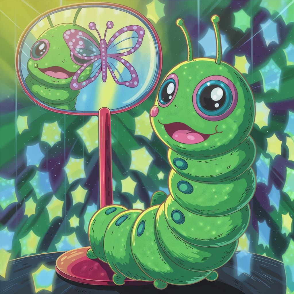 Caterpillar Plushie's Surreal Reflection in Anime Style