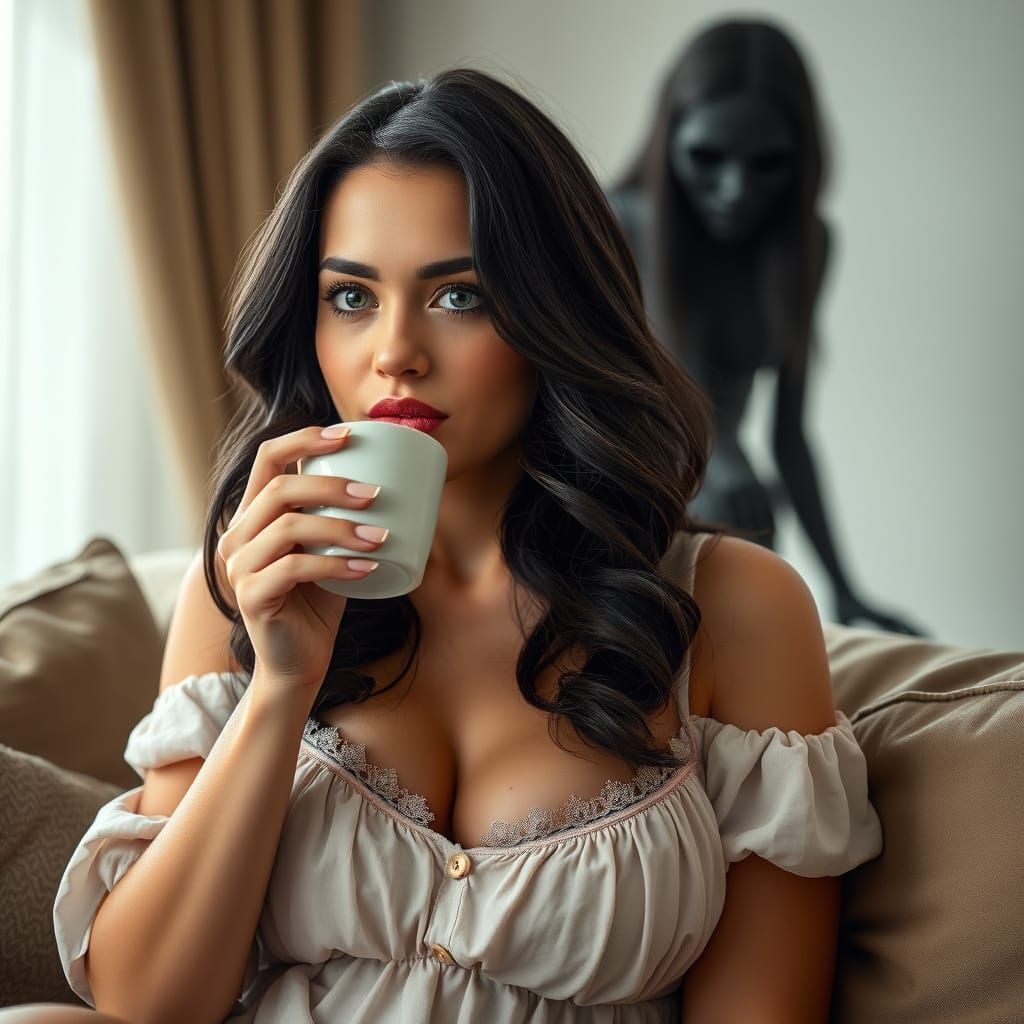 Sultry Curvy Woman Caught Unaware by Ethereal Presence