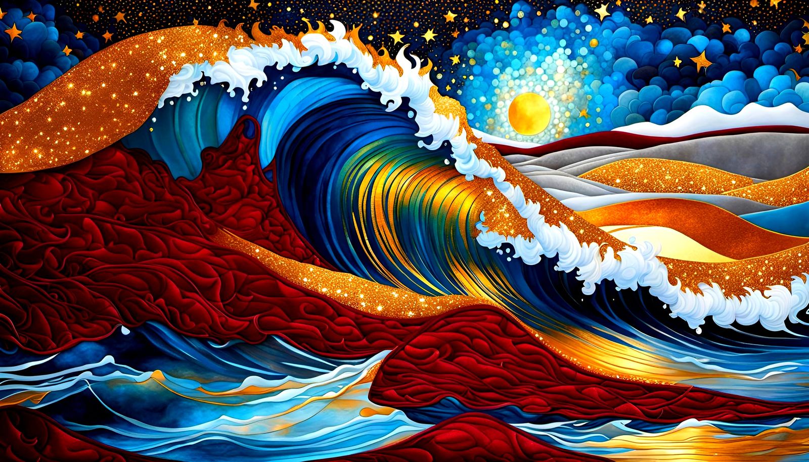 Velvet Surf: A Dreamlike Seascape in Vibrant, Glittering Hue...