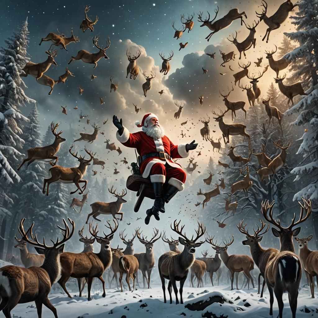 Surreal Santa Claus Watching Falling Reindeer