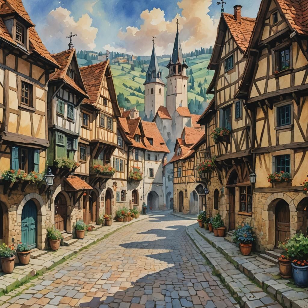 Medieval Village Street in Gouache Impressionist Style