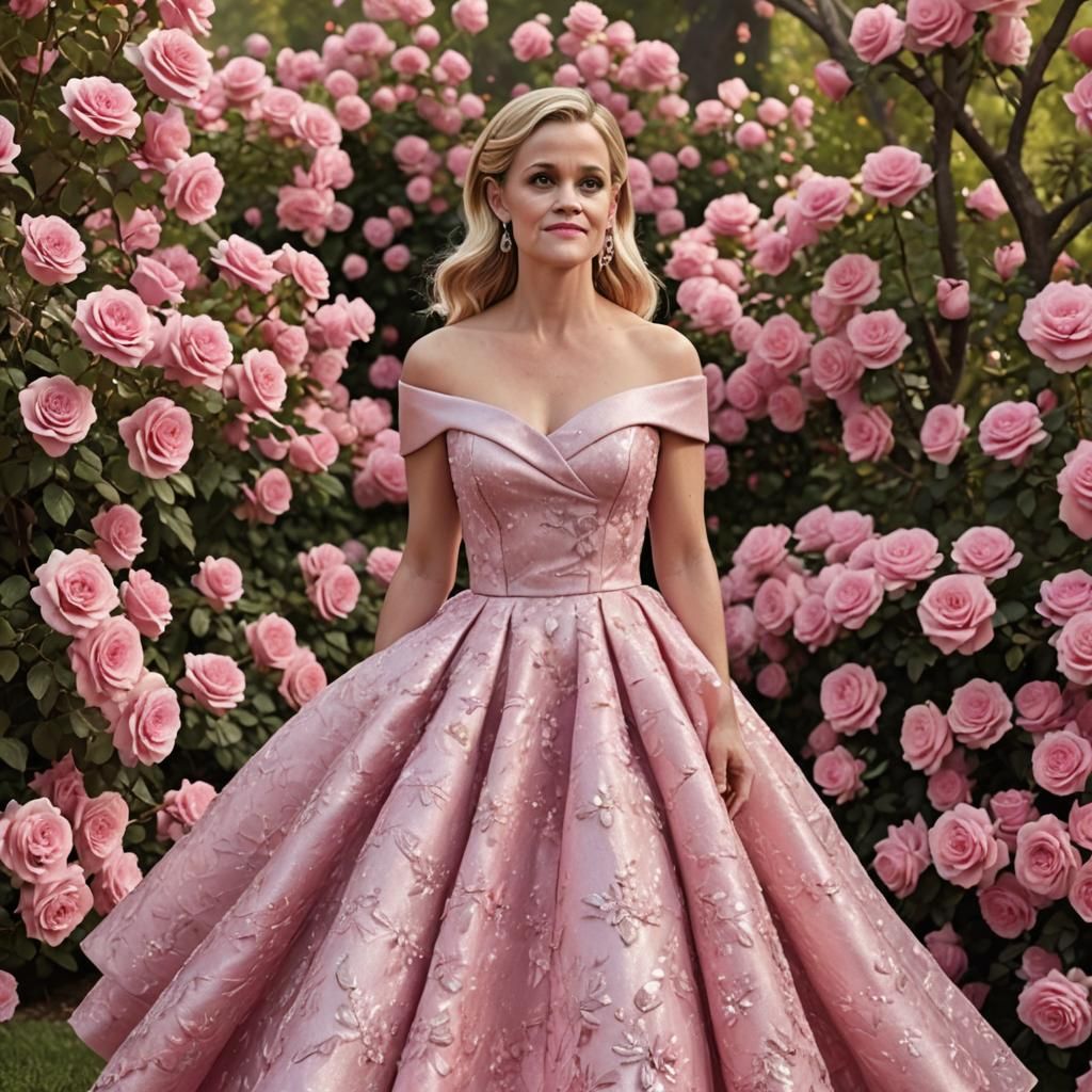 Elegant Woman in Pink Gown in Rose Garden