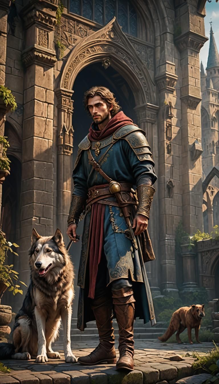 Medieval Young Man with Wolf: Detailed Matte Painting