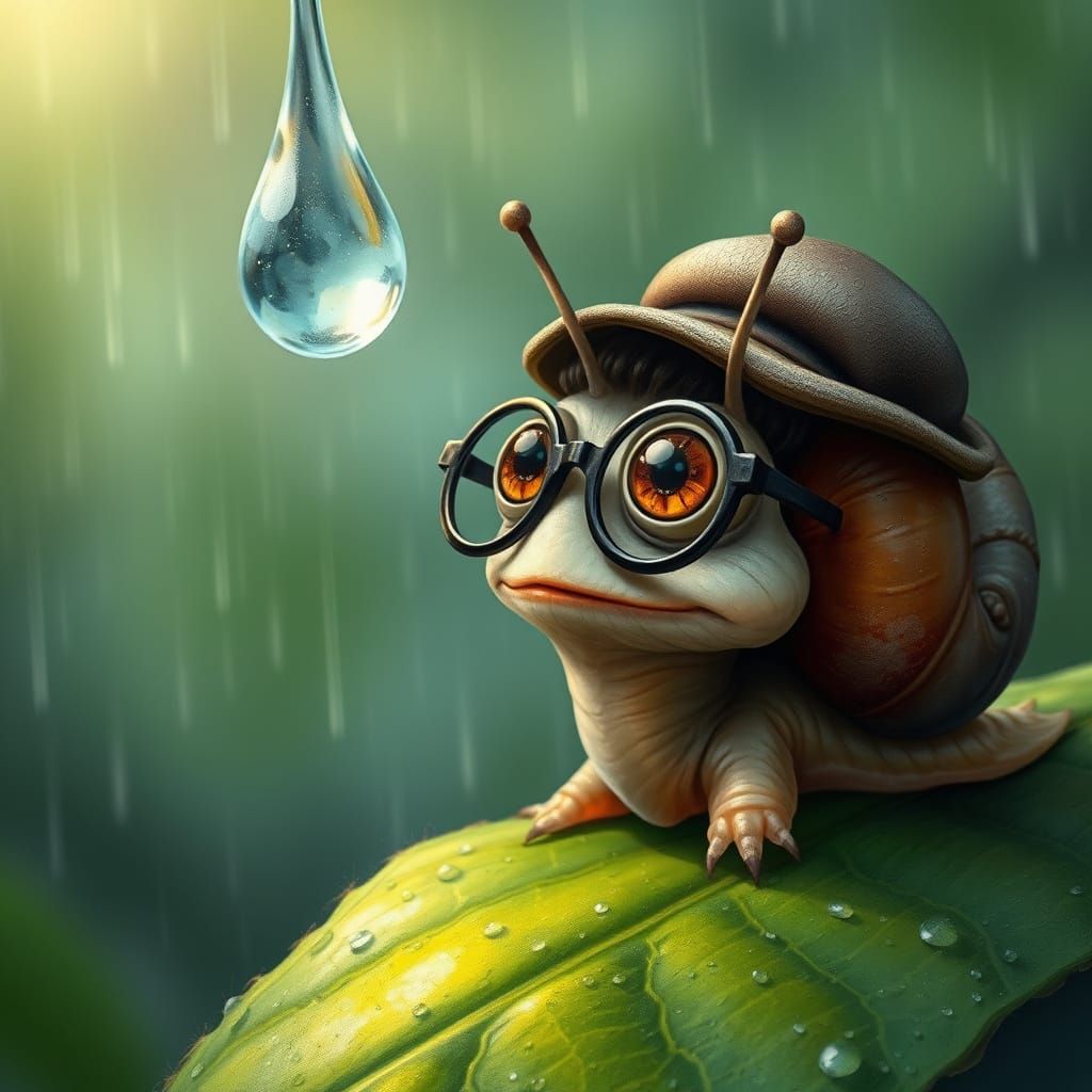 A strange snail with large curious eyes wearing glasses is looking at a shimmering rain drop hanging from a leaf