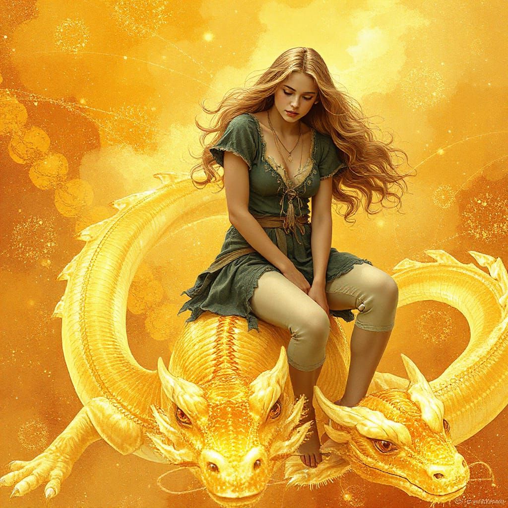 Woman on Gummy Dragon in Effervescent Soda Sea