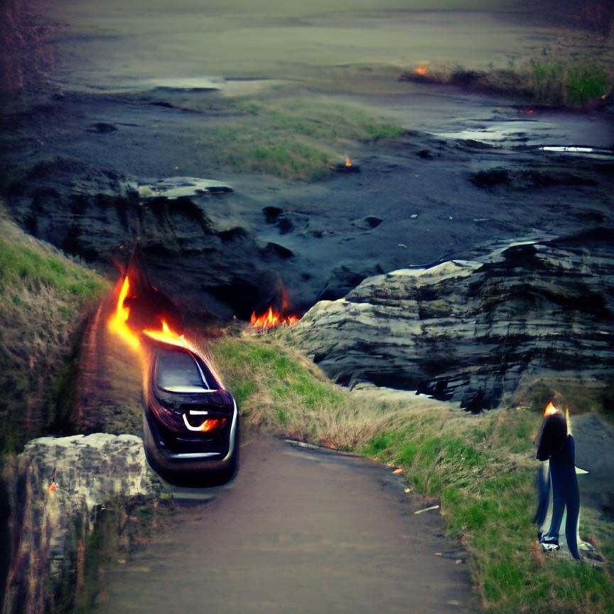 Figure Embraces Darkness Near Burning Car