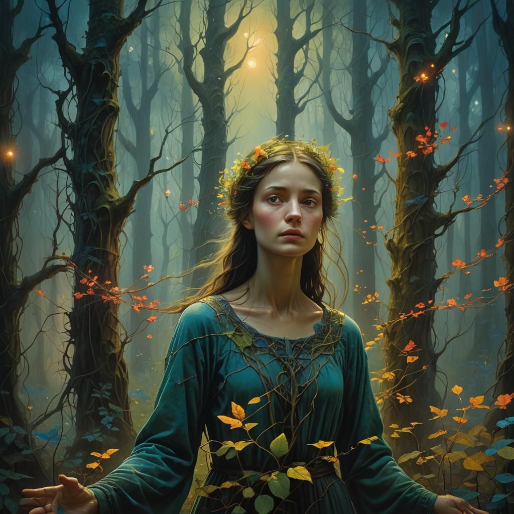 Mystical Forest Woman in Surreal Oil Painting