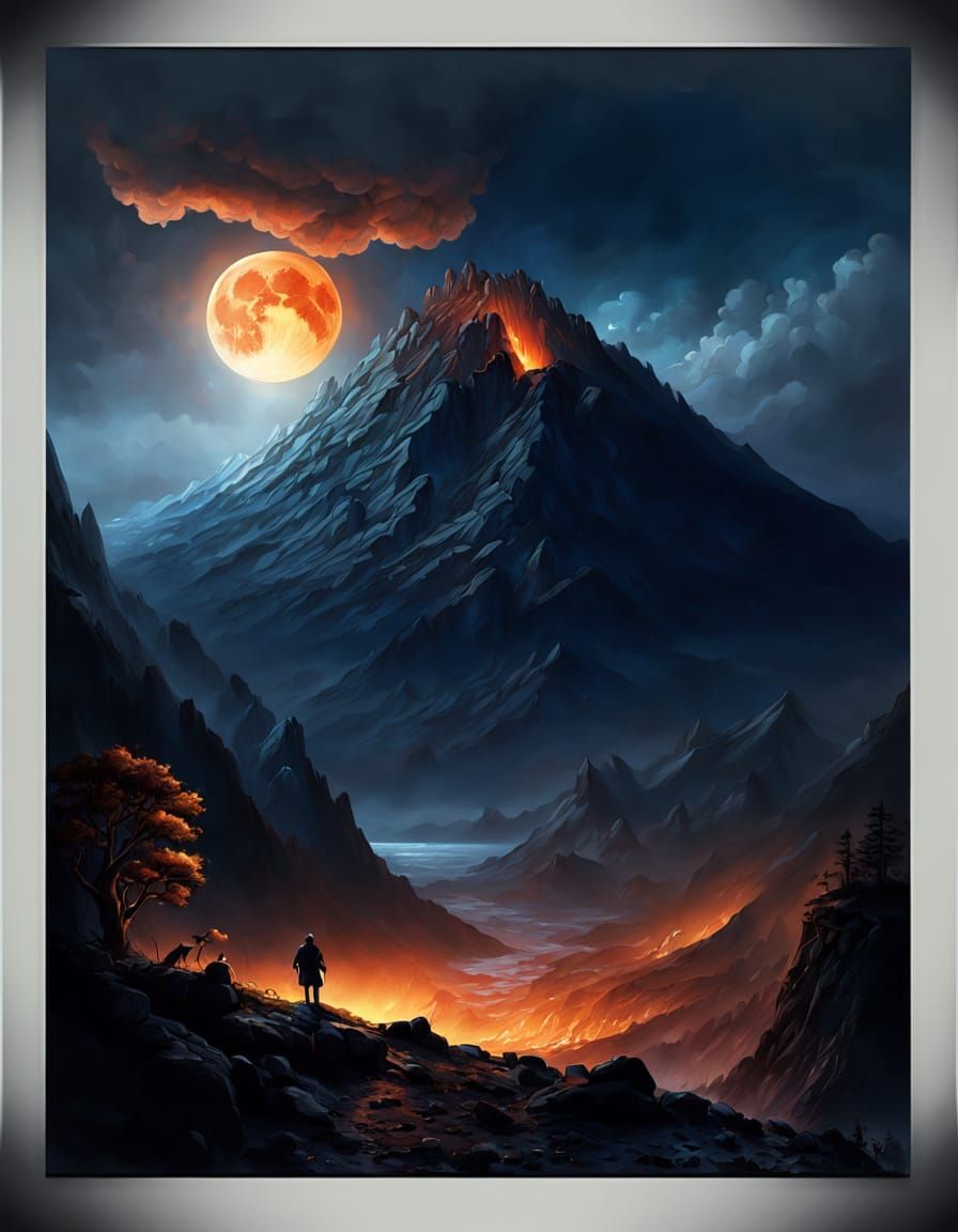 Volcanic Eruption Under Sublime Moon