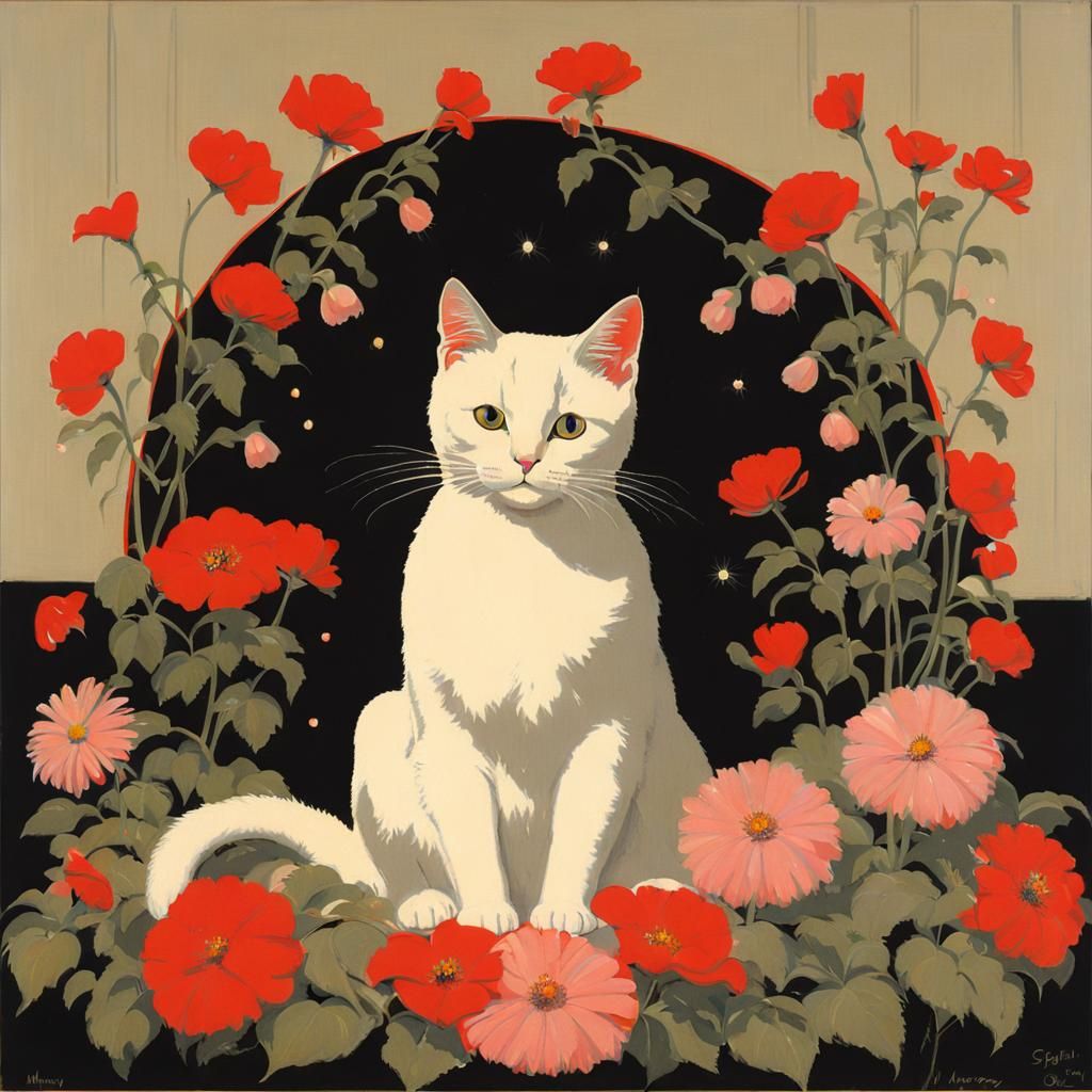 Cute Cat Surrounded by Flowers in Realistic Style