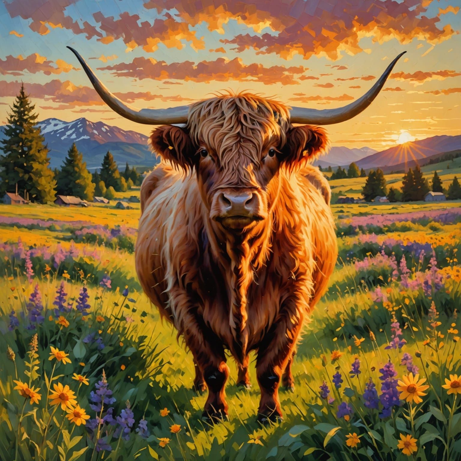 Majestic Highland Cow in Golden Sunset Field