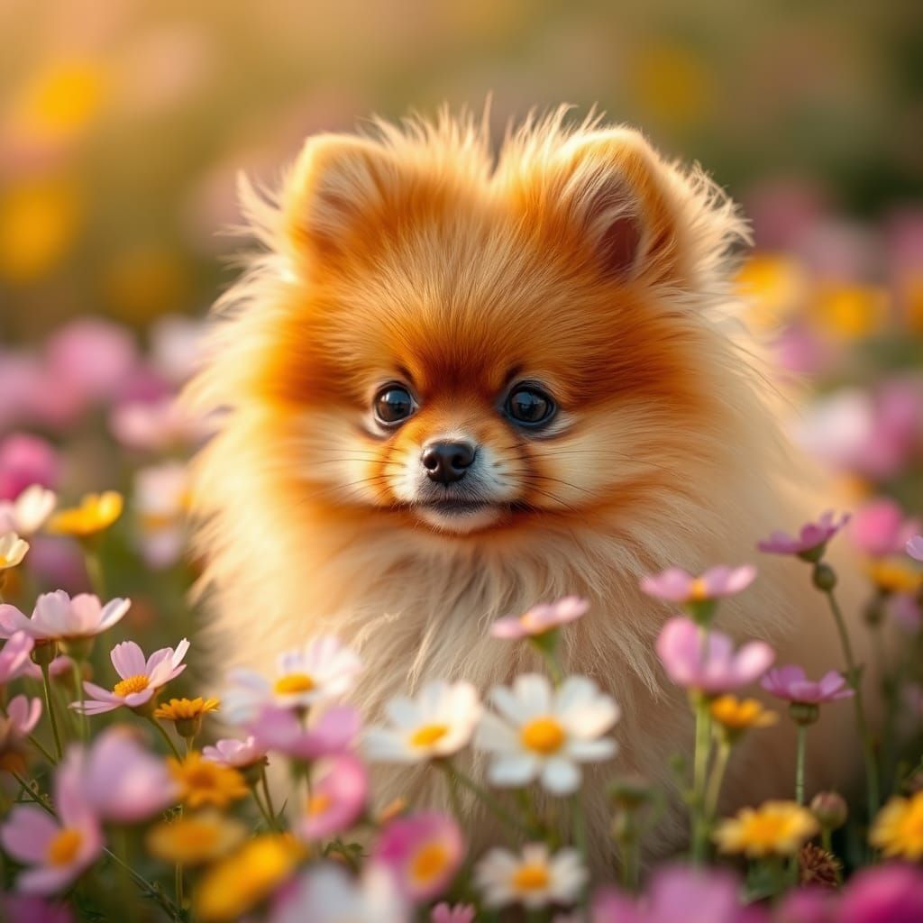 Adorable Pomeranian in Field of Wildflowers