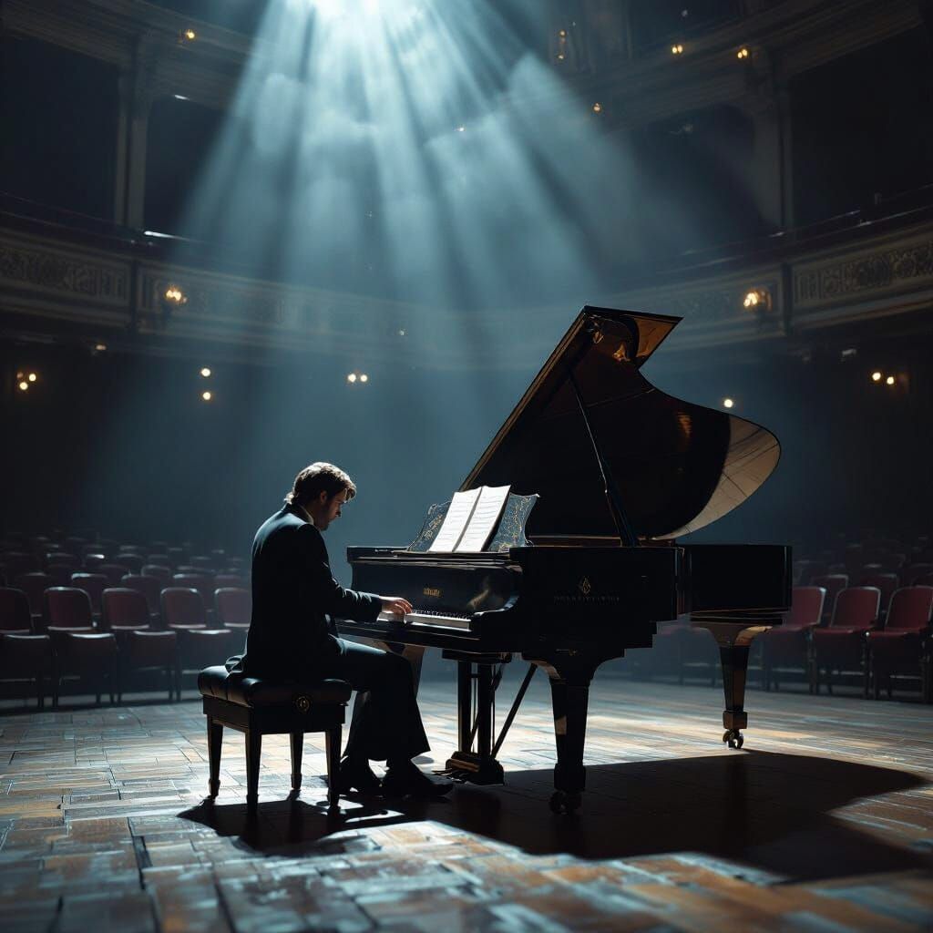 Solitary Pianist in Dimly Lit Concert Hall