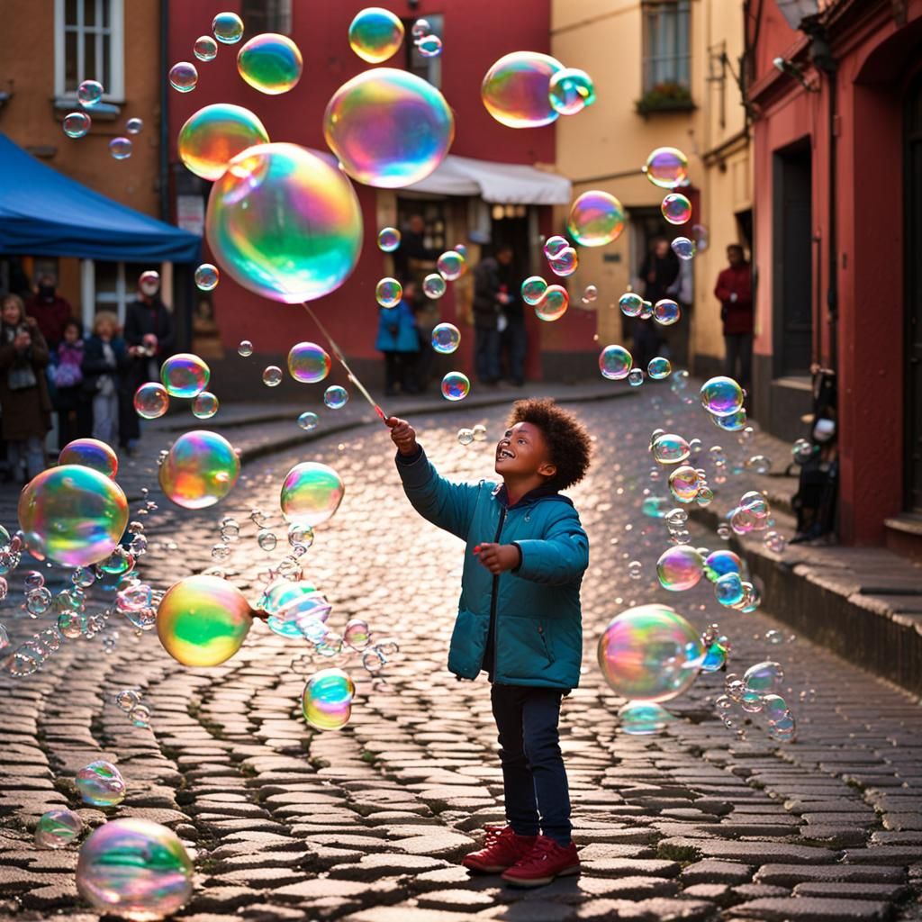 Child Creates Iridescent Soap Bubbles on Cobblestone Street