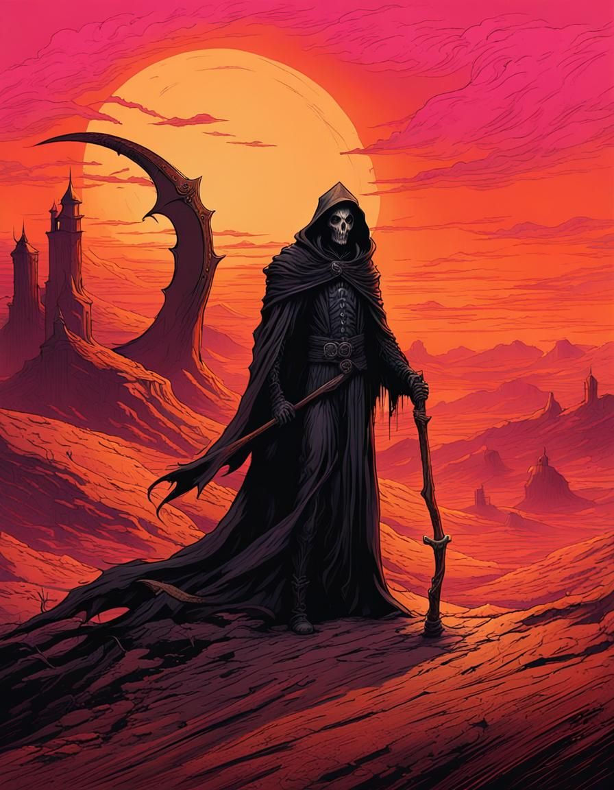 Vibrant Gothic Reaper Emerges at Sunset