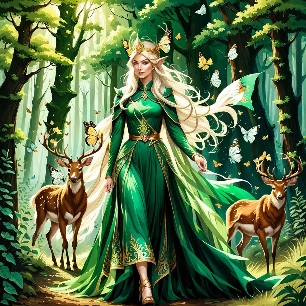 Elf with Butterfly Crown in Forest