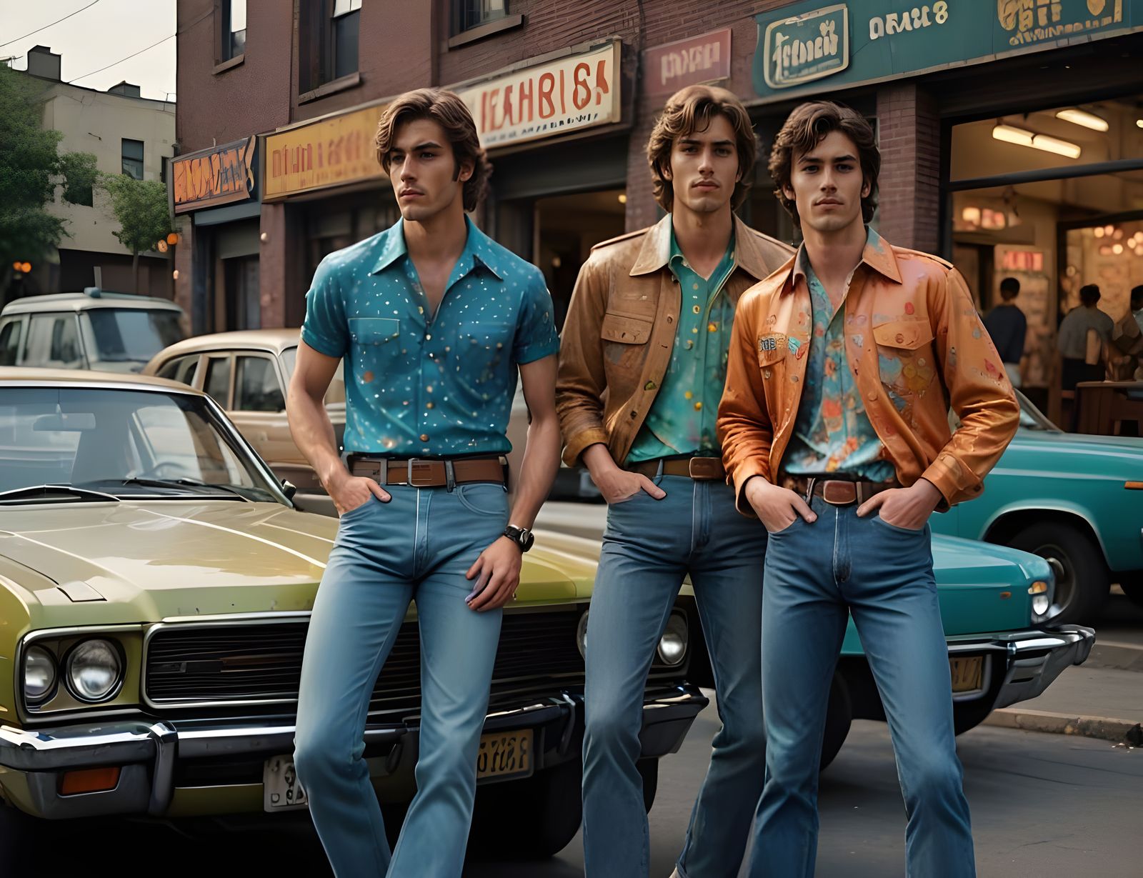 Three Dashing Young Men Pose in Retro 1970s Parking Lot Scen...