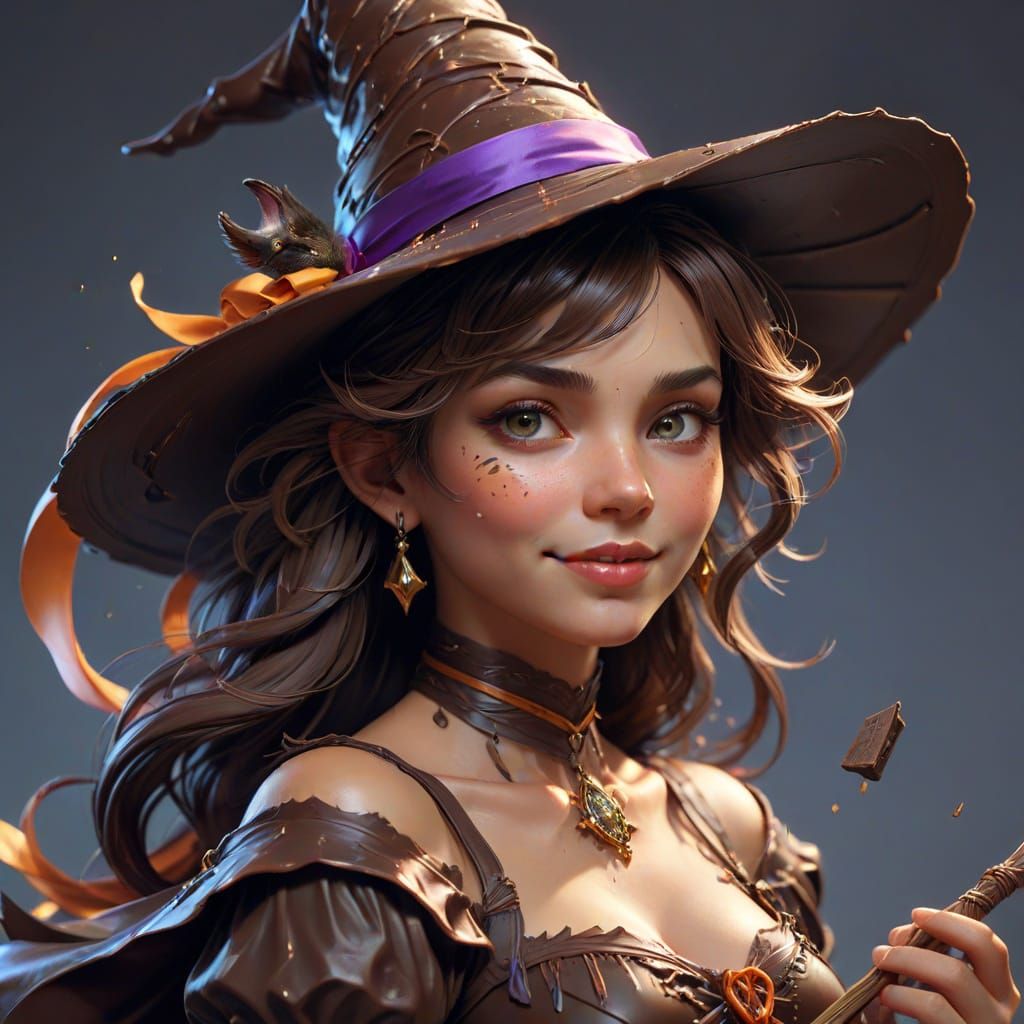 Chocolate Witch on Wafer Broom, Hyperdetailed Art