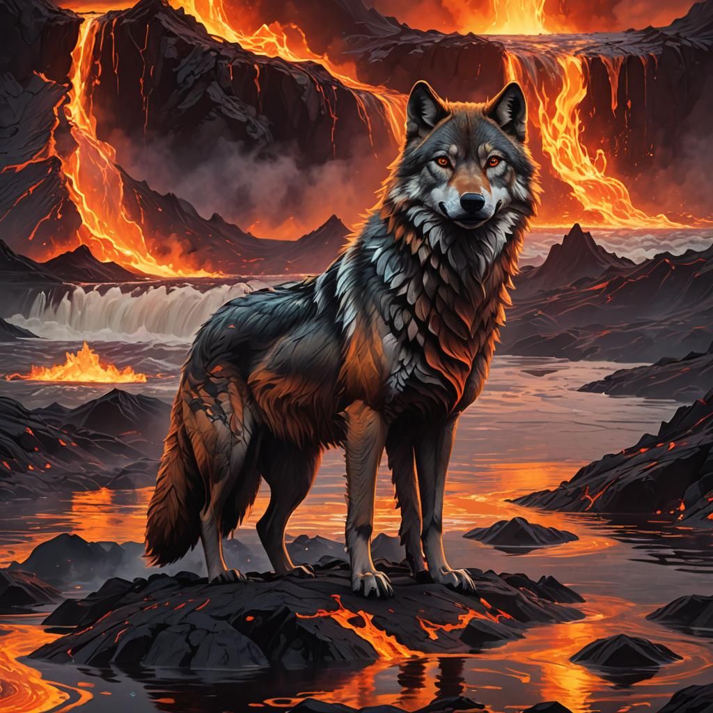 Wolf and Doge at Lava Lake: Digital Fantasy Art