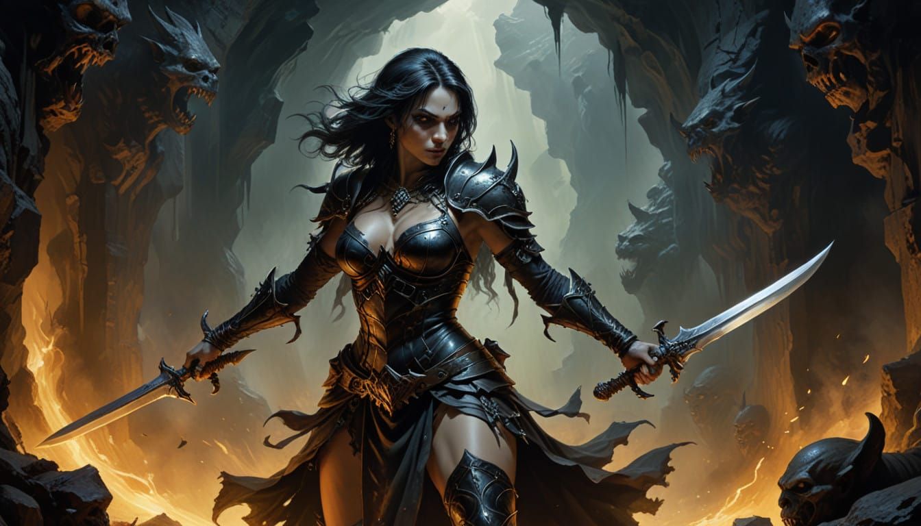 Dark Elf Rogue Battles Ogre in Chiaroscuro Oil Painting Styl...