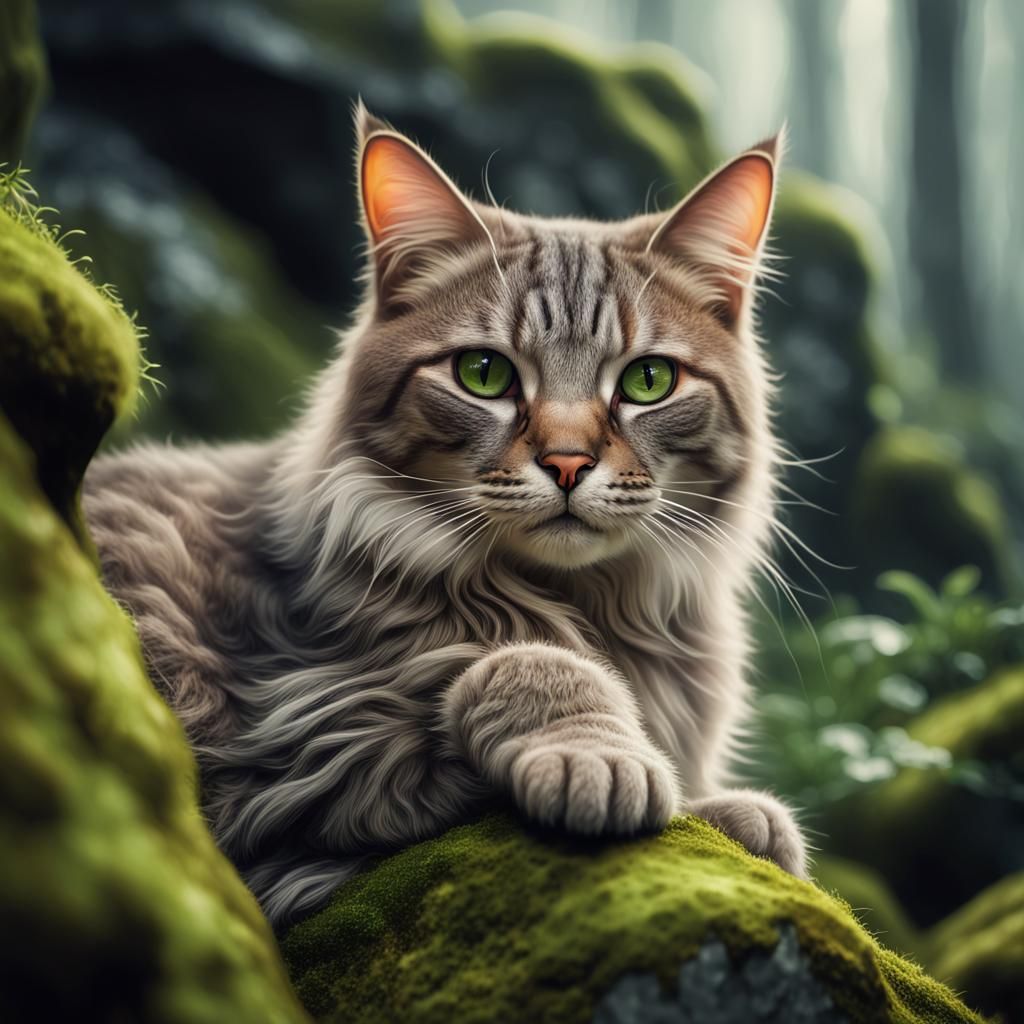 Hyper-Realistic Cat Contemplates on Ancient Stone