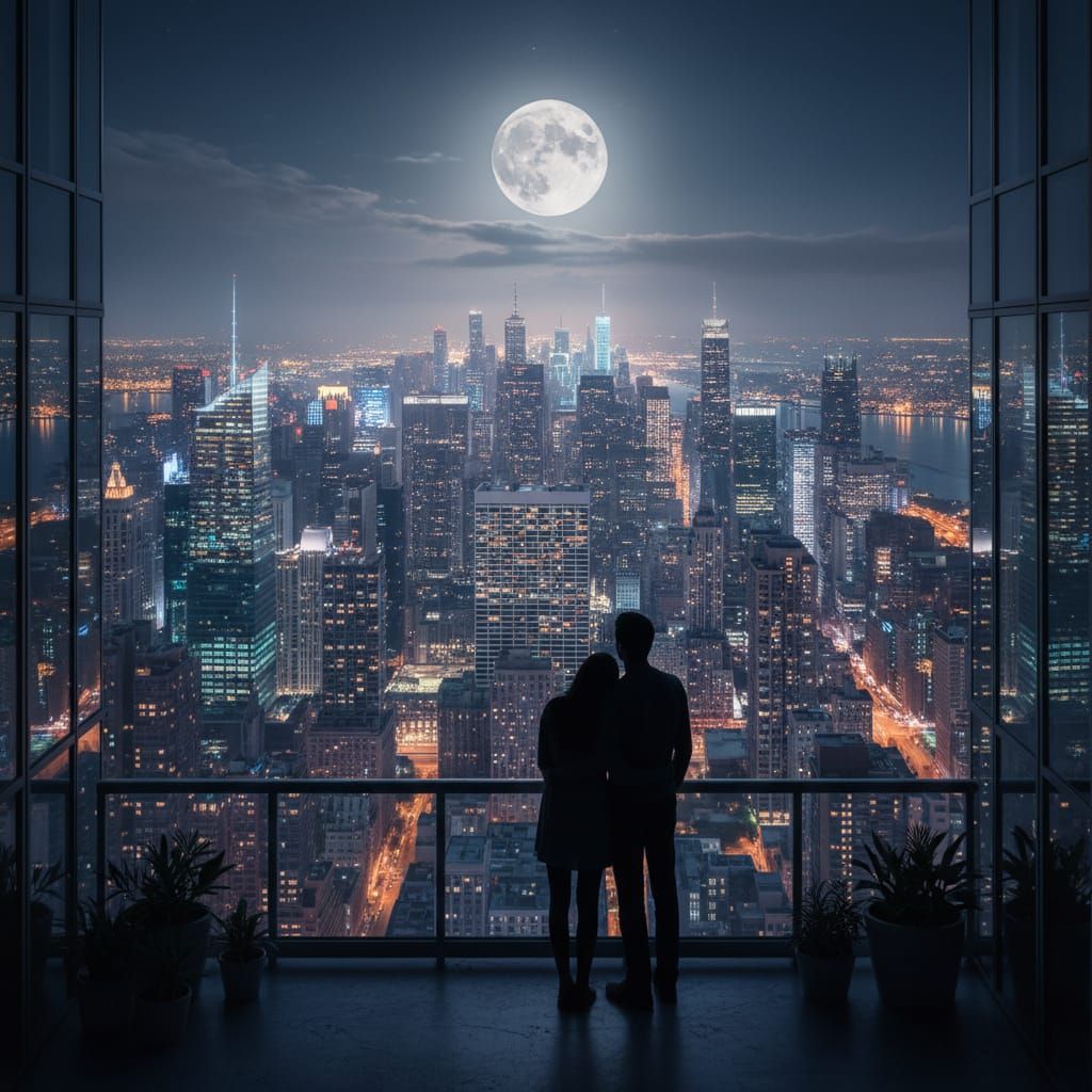 Romantic Cityscape at Night Under Moonlight