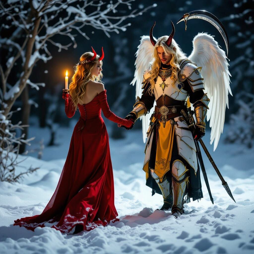Angel and Devil Confrontation in Snowy Glow
