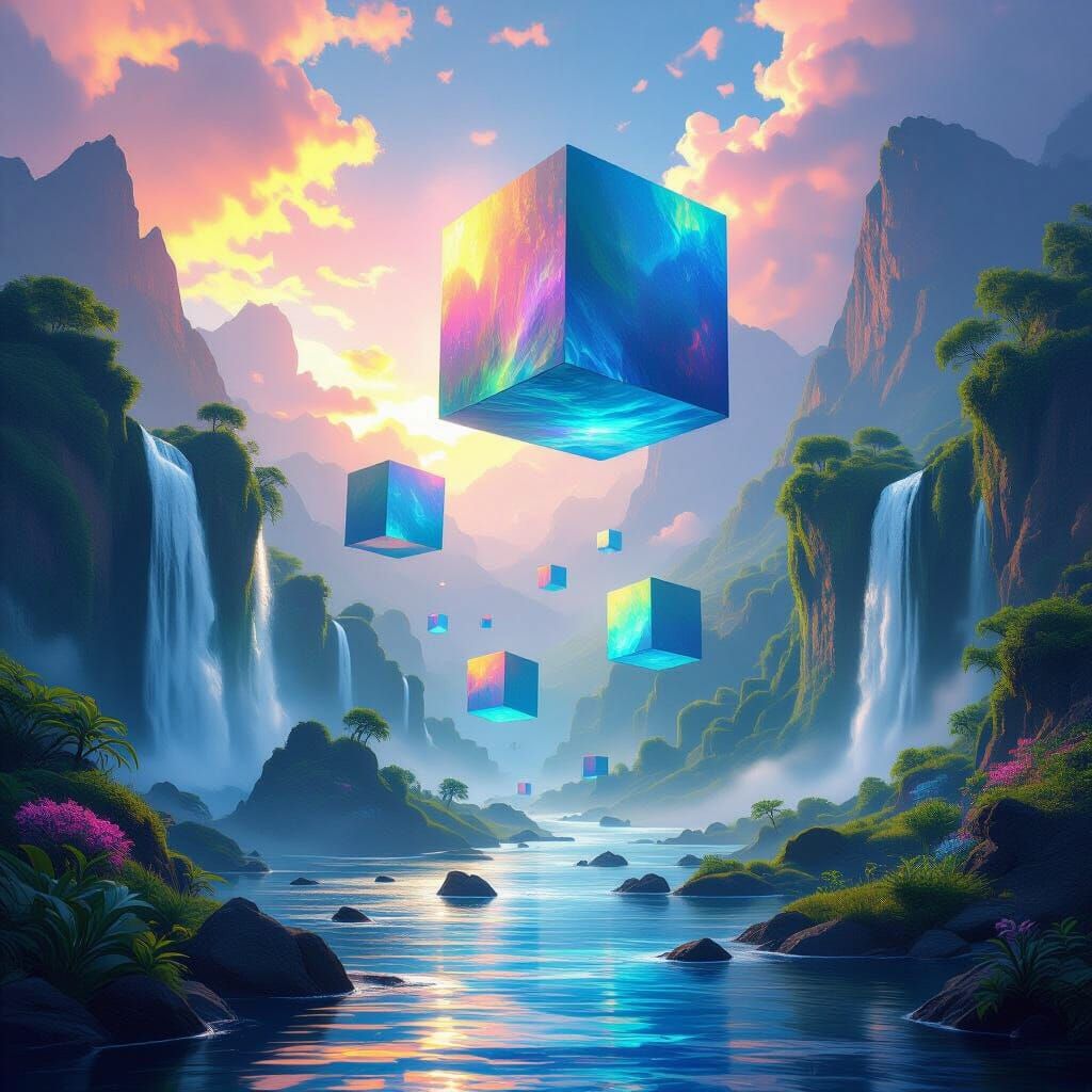 Serene Valley with Floating Cubes in Bioluminescent Light