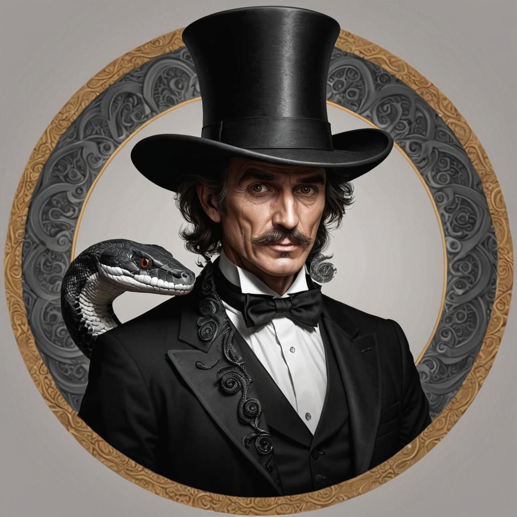 black snake wearing a top hat, man holding magician's wand, ...