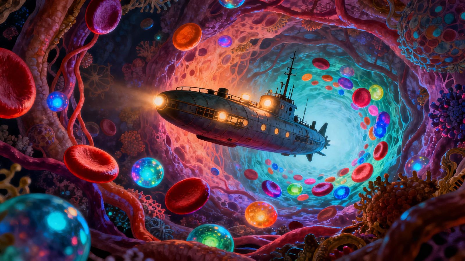 Surreal Submarine Journey Through Bioluminescent Circulatory...