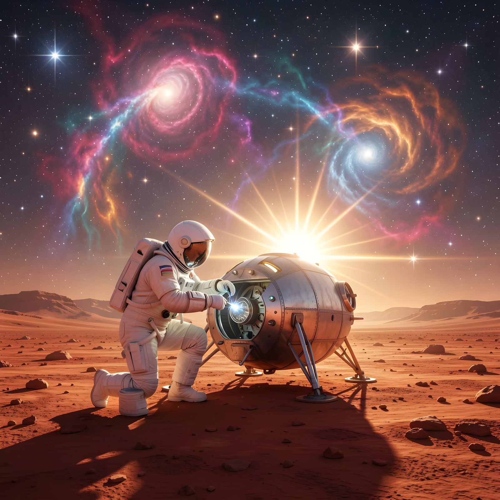 Astronaut Repairs Spaceship on Starry Mars Landscape