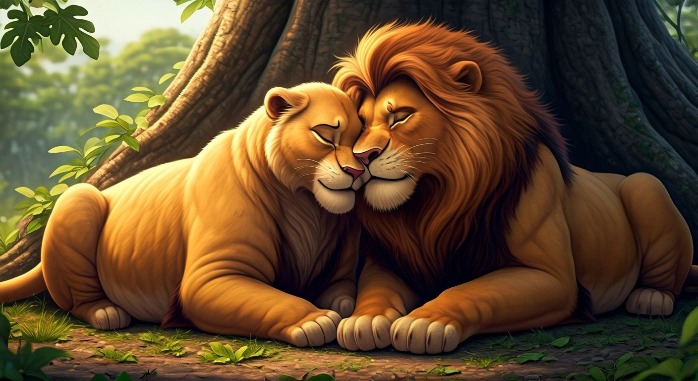 Lion Couple Snuggles: Disney-Style 3D Digital Art