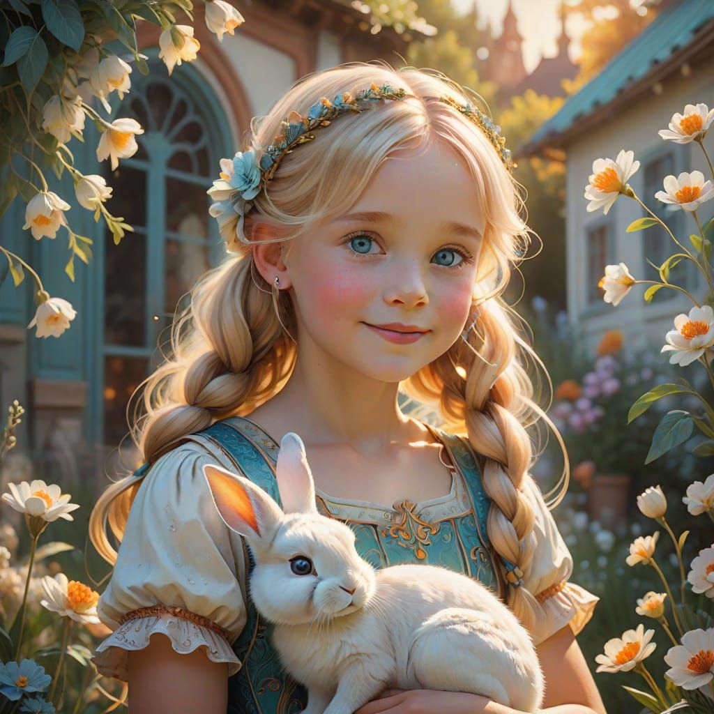 Whimsical Watercolor Girl Cuddles Fuzzy Bunny in Enchanted G...