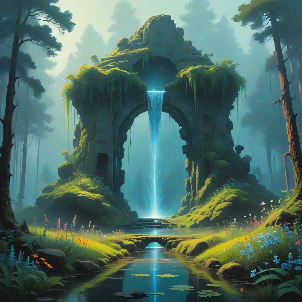 Majestic Stone Fountain in Enchanted Forest, Ethereal Light,...