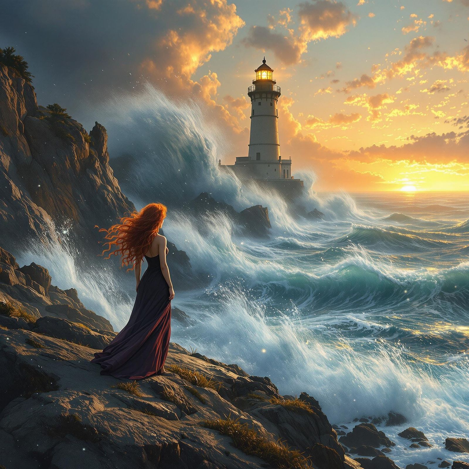 Majestic Redheaded Woman Surveys Turbulent Coastline in Gold...